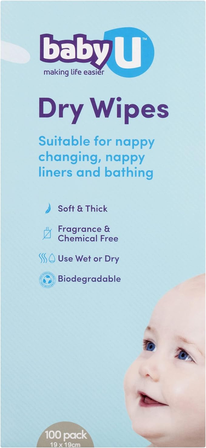 babyU Dry Wipes, Soft & Thick ,Biodegradable, Fragrance & Chemical Free, Use Wet or Dry