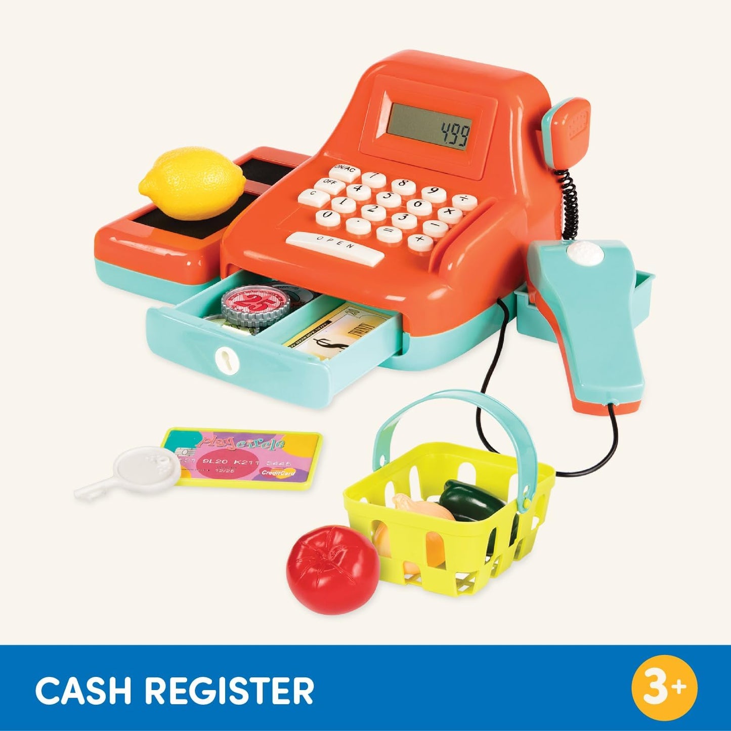 Battat Cash Register Playset: 26-Piece Toy with Calculator & Accessories for Kids 3+, Orange