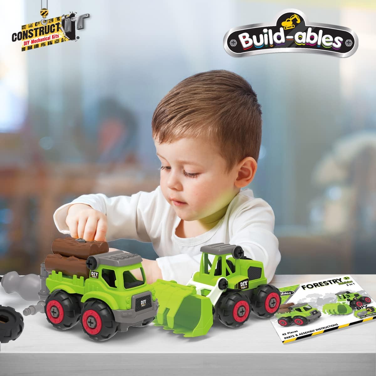 2-in-1 Forestry Vehicles Construction Set - 42 Pieces STEM Buildables for Kids 3+