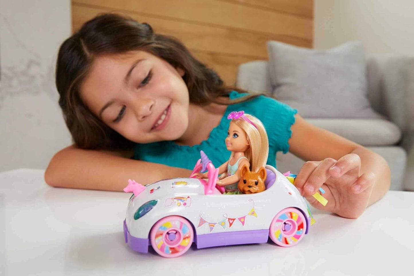 Barbie Club Chelsea Doll with Rainbow Unicorn Car & Puppy - Gift for 3-7 Year Olds