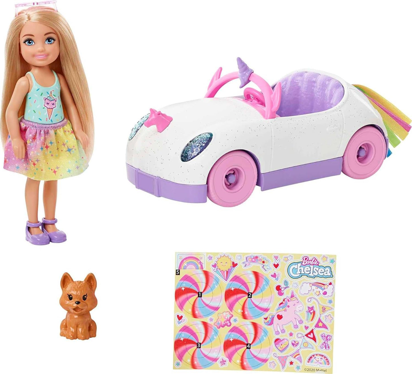 Barbie Club Chelsea Doll with Rainbow Unicorn Car & Puppy - Gift for 3-7 Year Olds