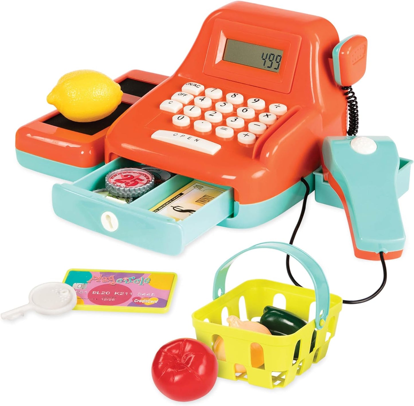 Battat Cash Register Playset: 26-Piece Toy with Calculator & Accessories for Kids 3+, Orange