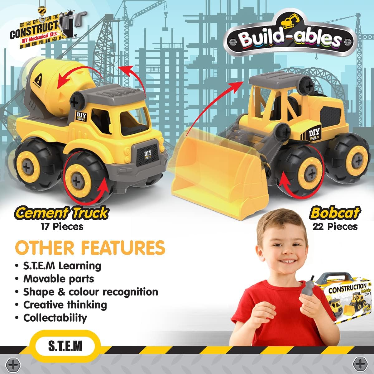 2-in-1 Digger & Cement Truck Construction Set - 39 Pieces STEM Buildables for Kids 3+