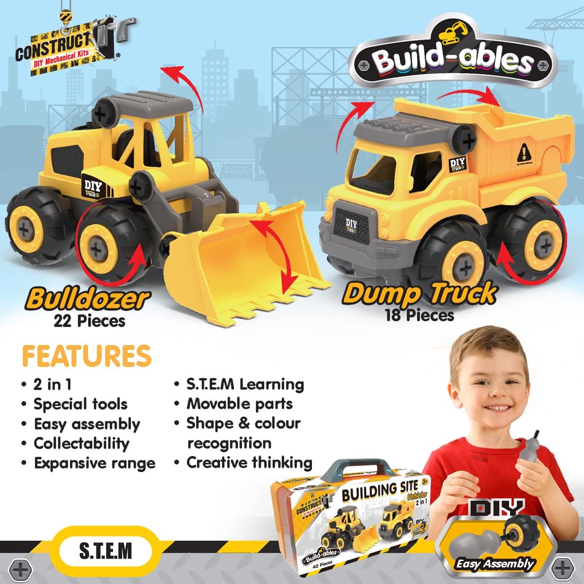 2-in-1 STEM Construction Set - Buildable Vehicles for Kids 3+