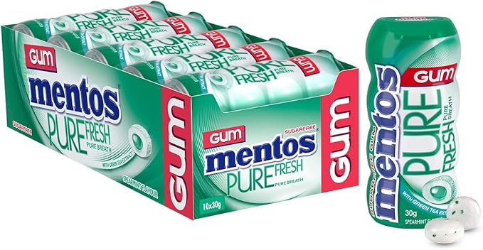 Mentos Pure Fresh Spearmint Sugar Free Chewing Gum 10 Pocket Bottles 10 x 30g