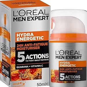 L'Oréal Paris Men’s Hydra Energetic Moisturizer 50ml  Refreshing Care for Dry Tired Skin with Guarana & Vitamin C