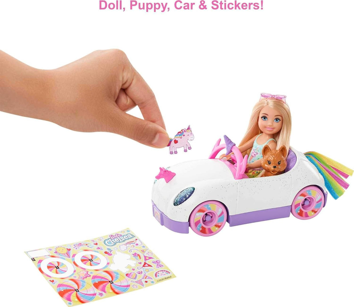 Barbie Club Chelsea Doll with Rainbow Unicorn Car & Puppy - Gift for 3-7 Year Olds