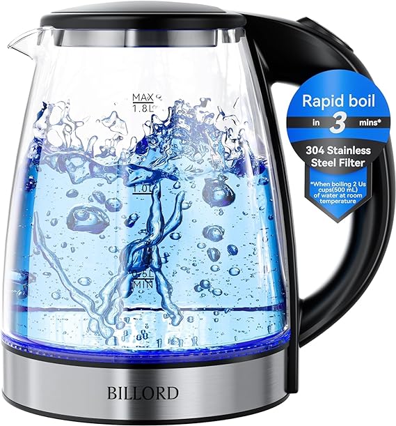 Billord Electric Kettle, 1.8L Glass Kettle for Coffee & Tea, 2200W Hot