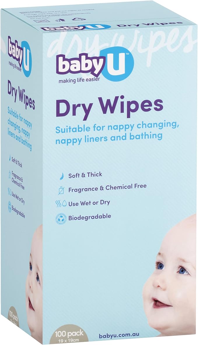 babyU Dry Wipes, Soft & Thick ,Biodegradable, Fragrance & Chemical Free, Use Wet or Dry