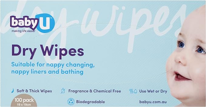 babyU Dry Wipes, Soft & Thick ,Biodegradable, Fragrance & Chemical Free, Use Wet or Dry