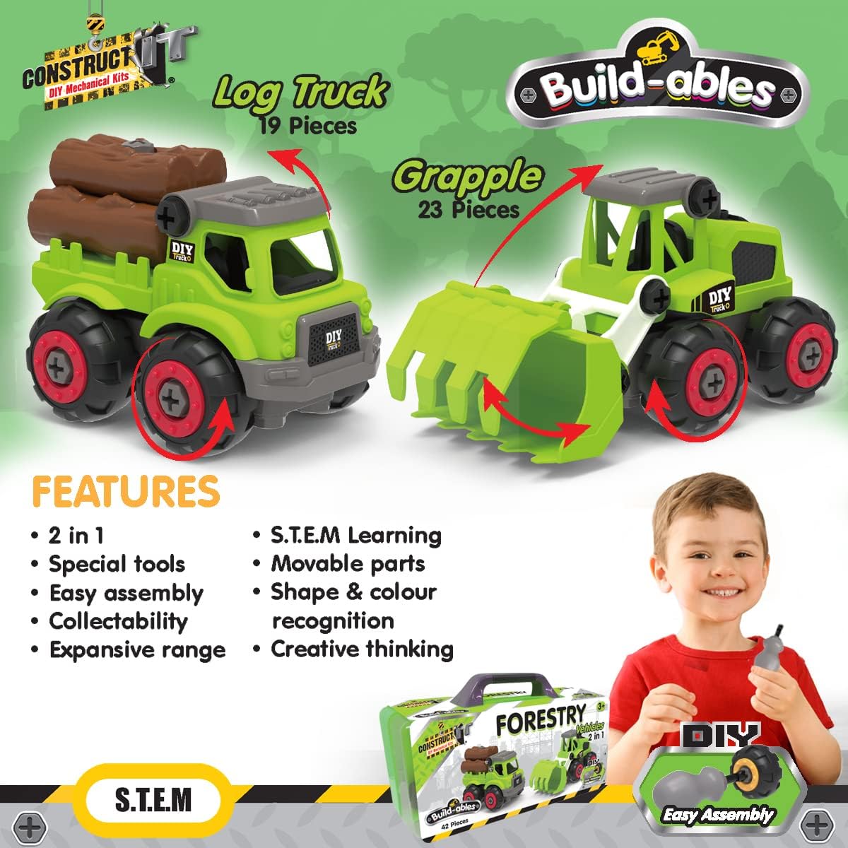 2-in-1 Forestry Vehicles Construction Set - 42 Pieces STEM Buildables for Kids 3+