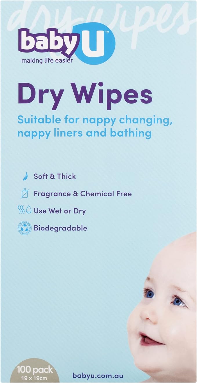 babyU Dry Wipes, Soft & Thick ,Biodegradable, Fragrance & Chemical Free, Use Wet or Dry