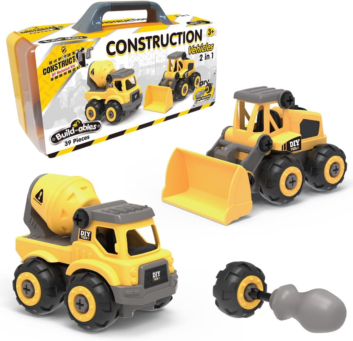 2-in-1 Digger & Cement Truck Construction Set - 39 Pieces STEM Buildables for Kids 3+