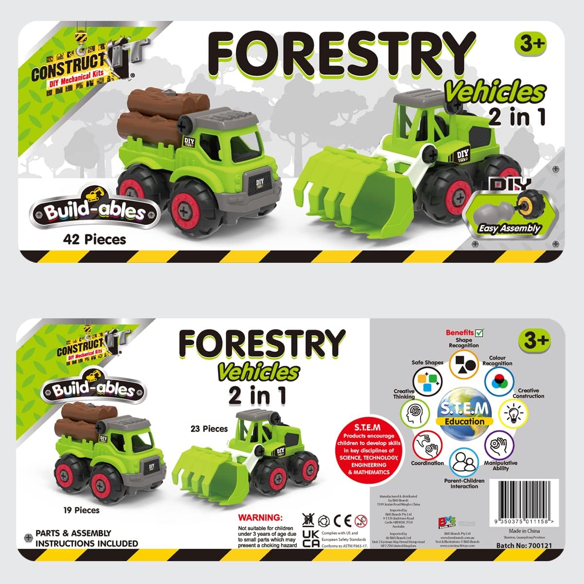 2-in-1 Forestry Vehicles Construction Set - 42 Pieces STEM Buildables for Kids 3+