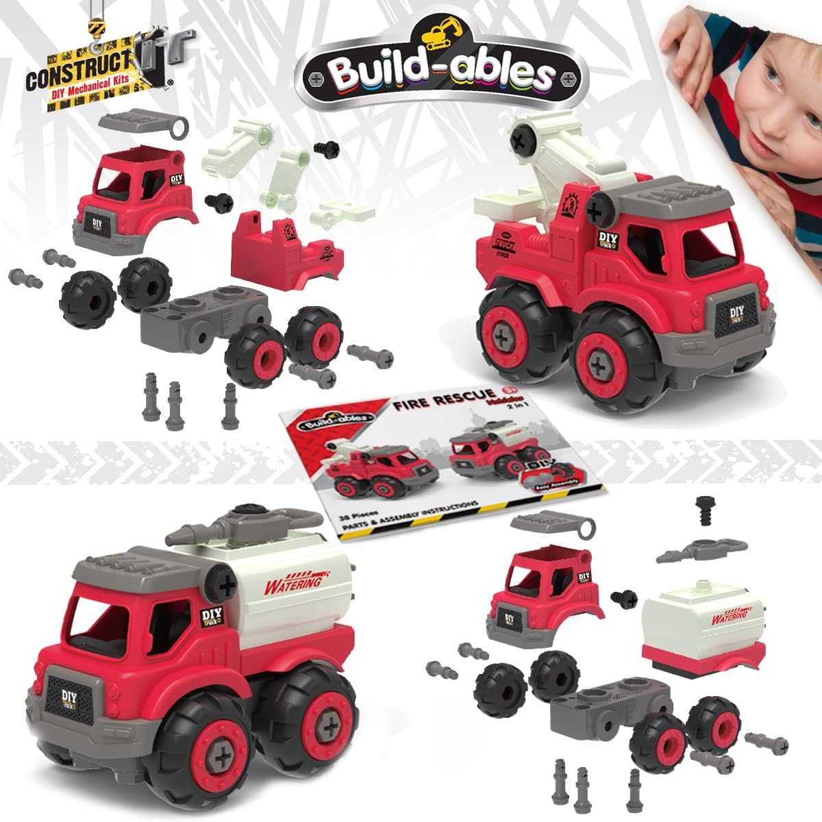 2-in-1 STEM Fire Rescue Vehicle Set – 38-Piece Buildable Fire Engine for Kids 3+