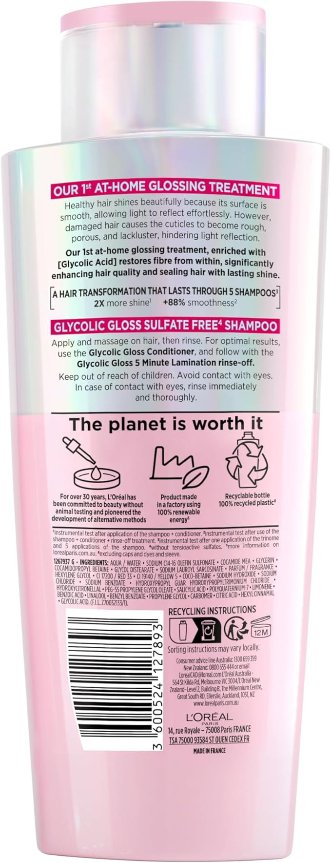 L'Oréal Paris Elvive Gloss Shampoo 200ml Glycolic Acid Formula for Dull Lackluster Hair