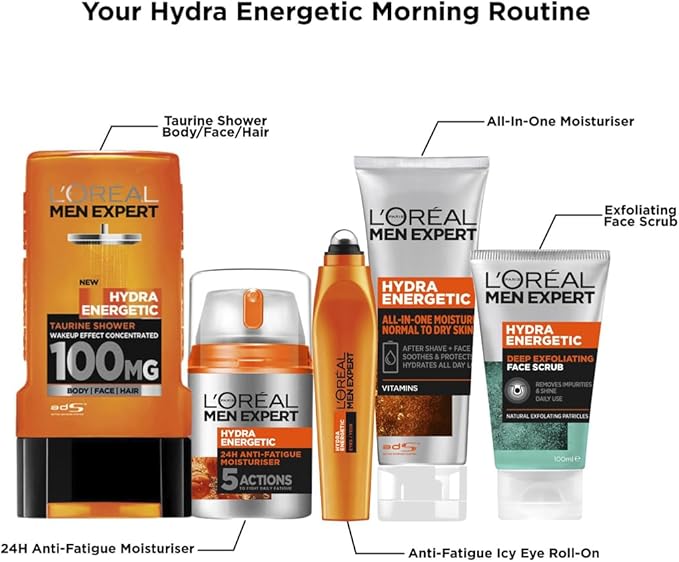 L'Oréal Paris Men’s Hydra Energetic Moisturizer 50ml  Refreshing Care for Dry Tired Skin with Guarana & Vitamin C