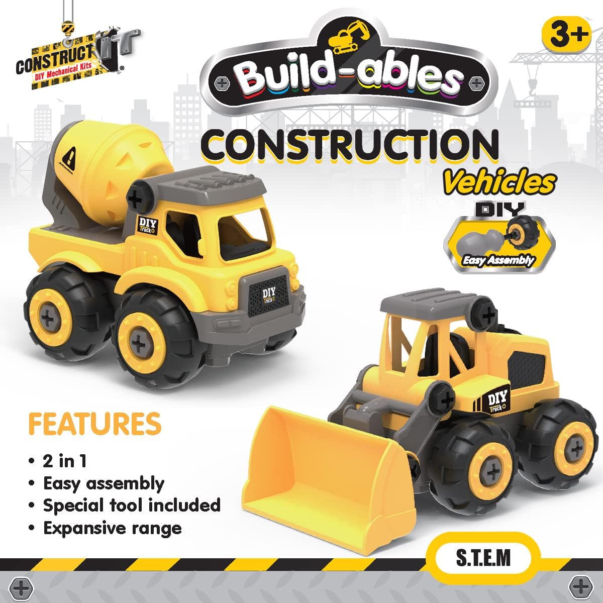 2-in-1 Digger & Cement Truck Construction Set - 39 Pieces STEM Buildables for Kids 3+