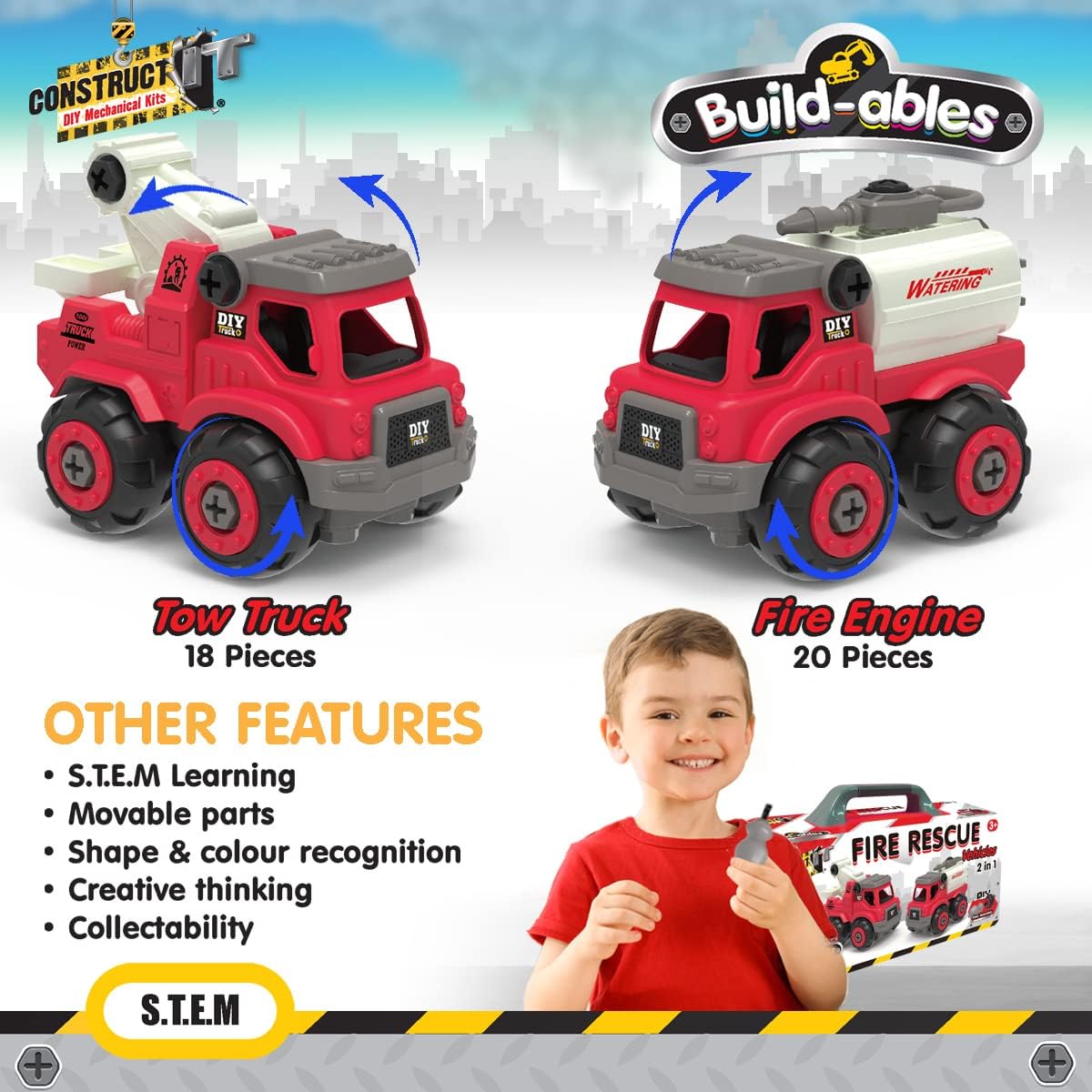 2-in-1 STEM Fire Rescue Vehicle Set – 38-Piece Buildable Fire Engine for Kids 3+