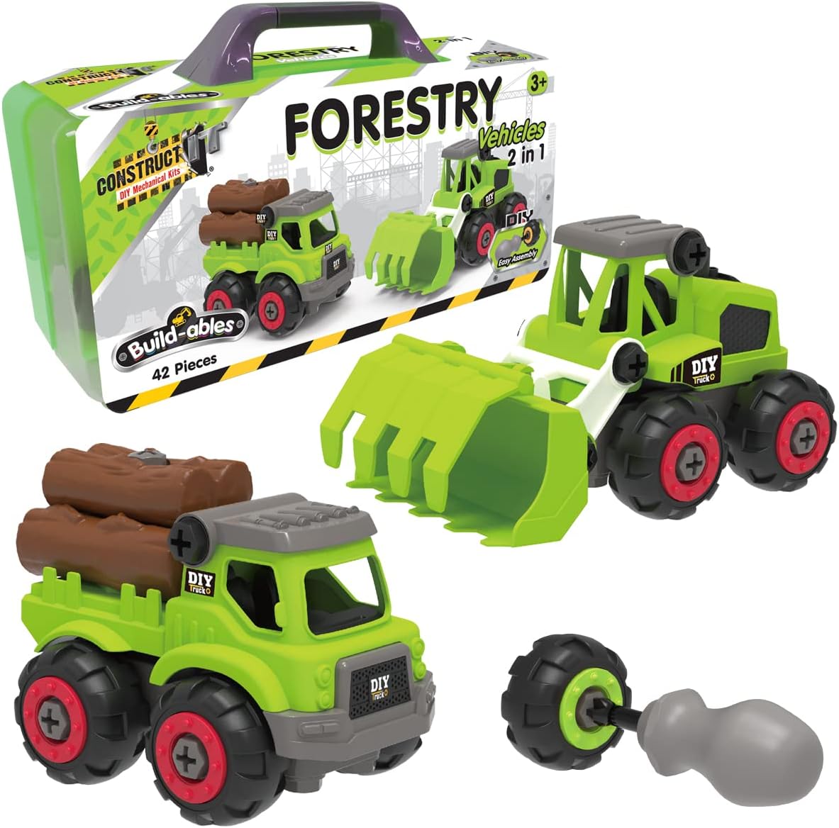 2-in-1 Forestry Vehicles Construction Set - 42 Pieces STEM Buildables for Kids 3+