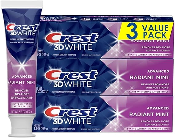 Crest 3D White, Whitening Toothpaste, Radiant Mint, 4.8 Ounce, Pack of 3