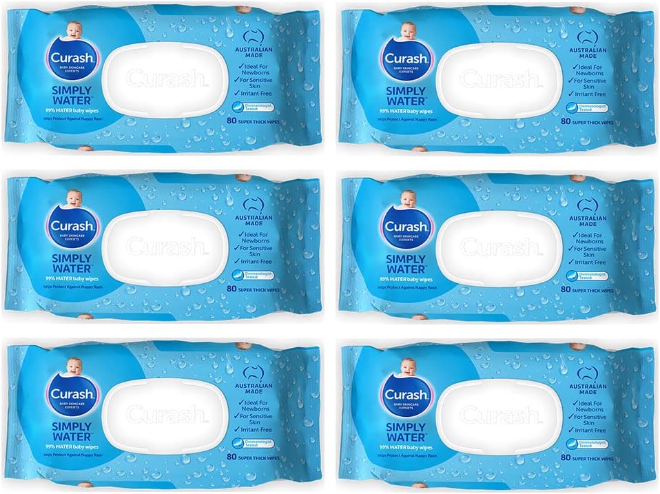 Curash Baby Wipes Simply Water, Ideal for Newborns, pH Balanced, Thick and Soft, Free from Soap, Alcohol, Parabens & Irritants, 6 x 80 Value Pack (480 Wipes)