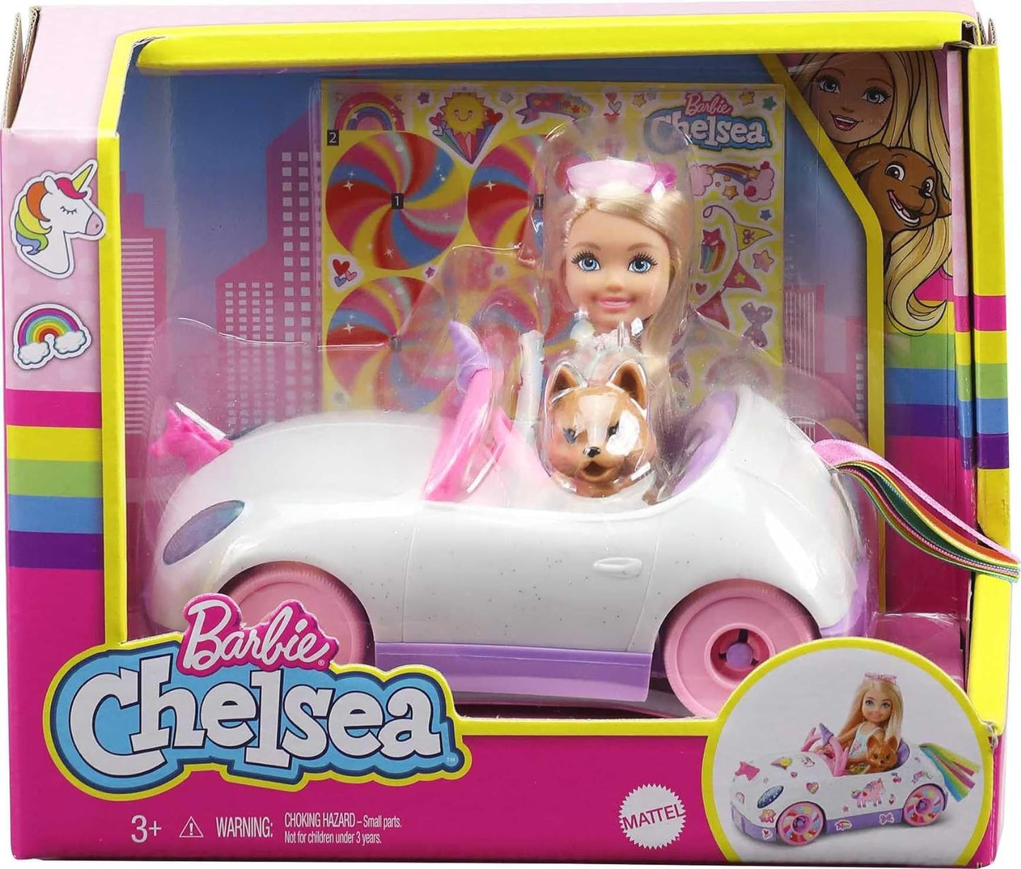 Barbie Club Chelsea Doll with Rainbow Unicorn Car & Puppy - Gift for 3-7 Year Olds