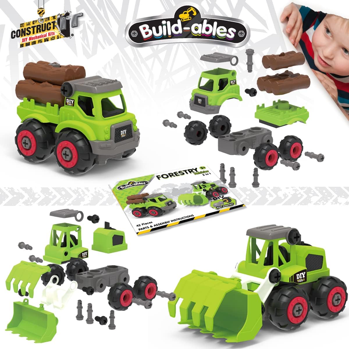 2-in-1 Forestry Vehicles Construction Set - 42 Pieces STEM Buildables for Kids 3+