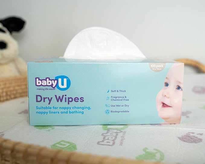 babyU Dry Wipes, Soft & Thick ,Biodegradable, Fragrance & Chemical Free, Use Wet or Dry