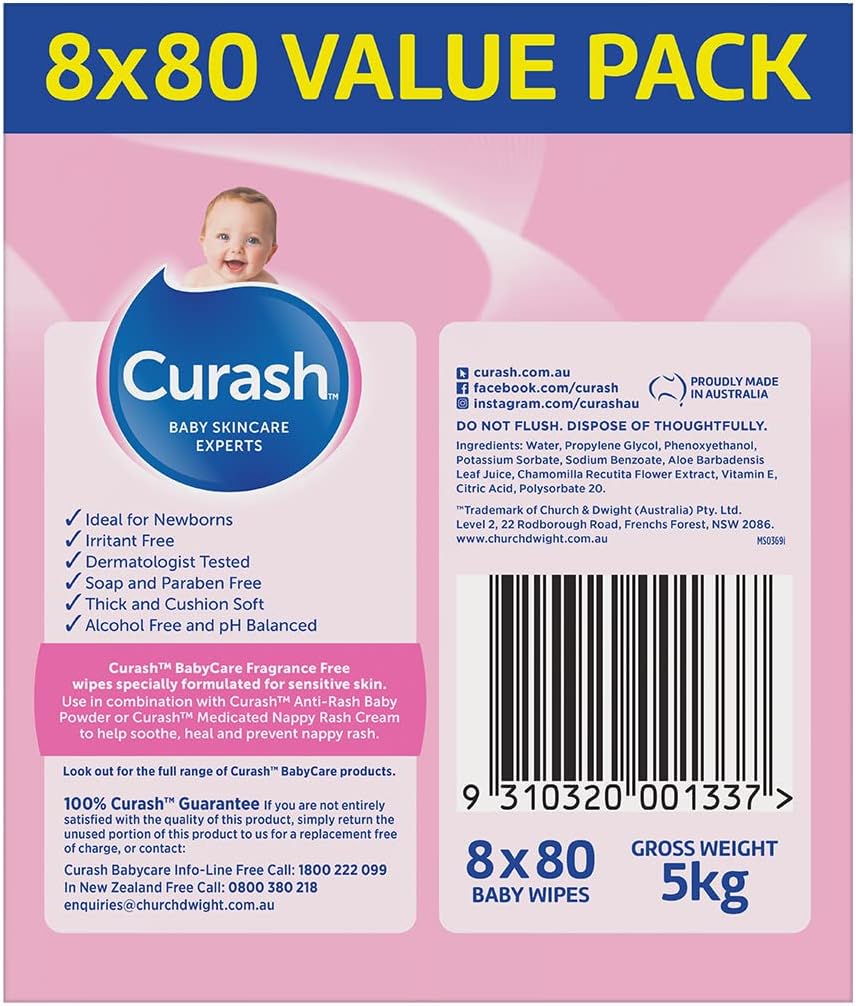 Curash Fragrance-Free Baby Wipes - 8 x 80 Value Pack (640 Wipes) - Ideal for Newborns - pH Balanced for Sensitive Skin - Soap, Alcohol, Paraben & Irritant Free