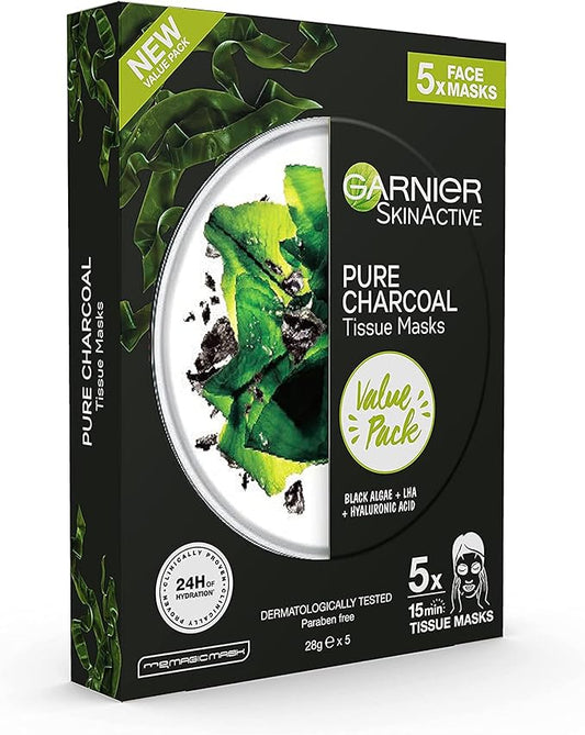Garnier Face Mask 5x Pack SkinActive Pure Charcoal & Black Tea Tissue Mask
