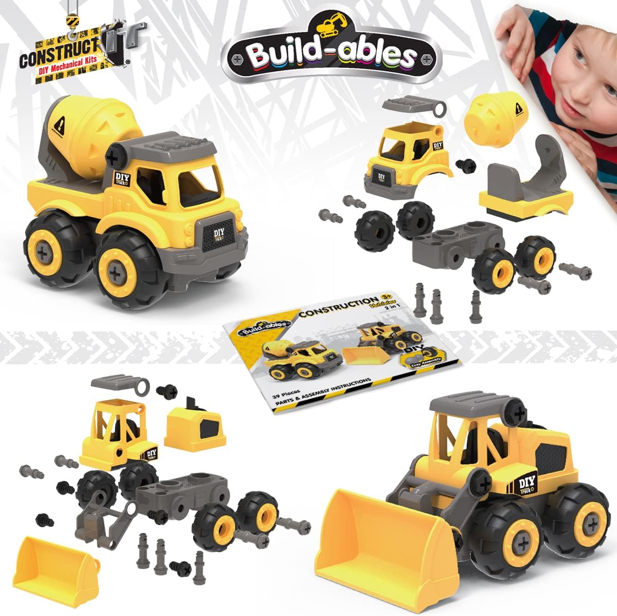 2-in-1 Digger & Cement Truck Construction Set - 39 Pieces STEM Buildables for Kids 3+