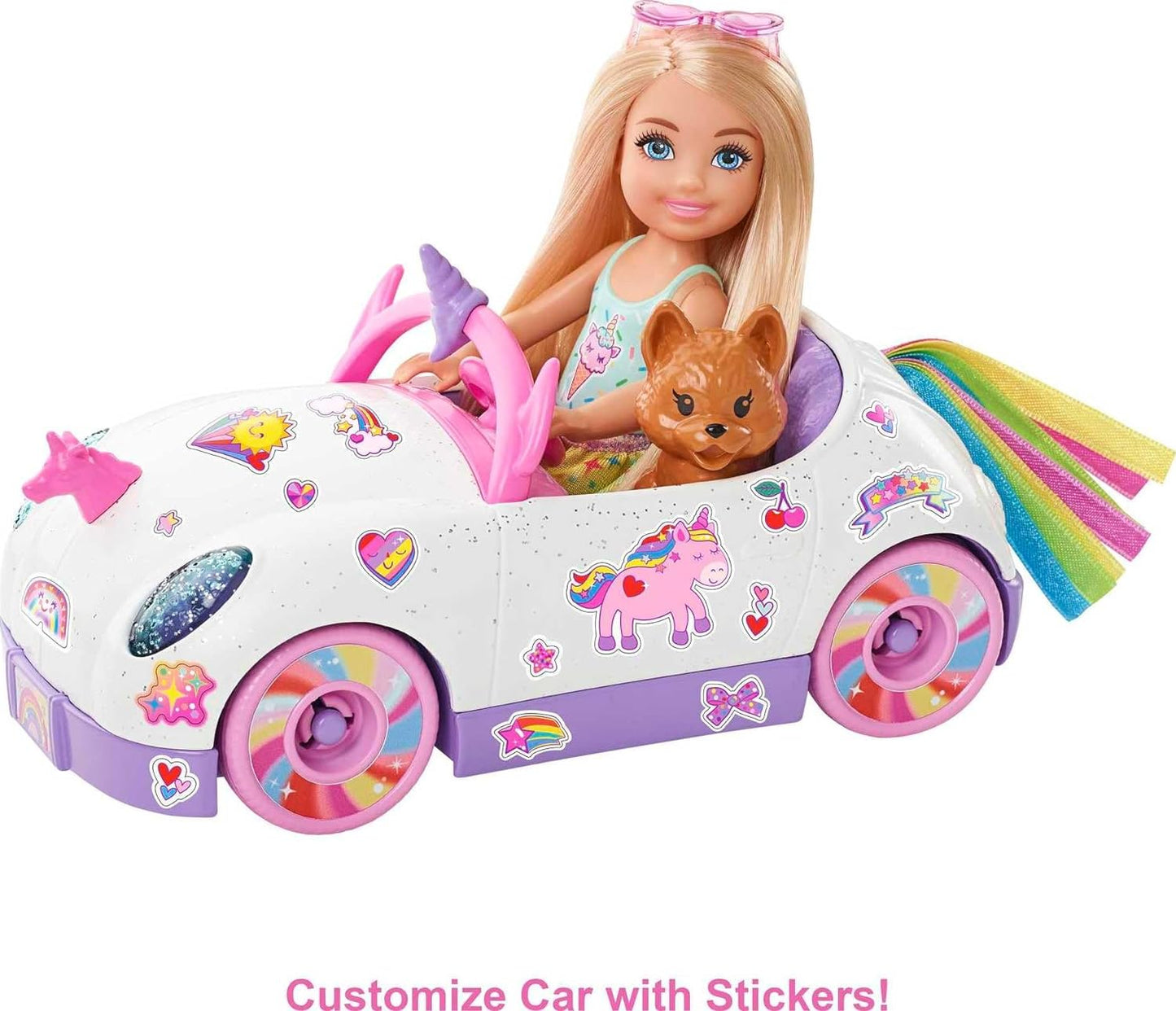 Barbie Club Chelsea Doll with Rainbow Unicorn Car & Puppy - Gift for 3-7 Year Olds