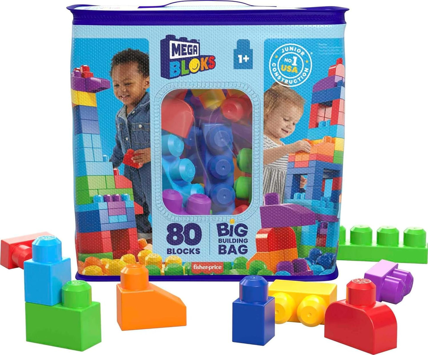 MEGA BLOKS First Builders Toddler Building Set - 80-Piece Big Blocks Bag, Blue (Ages 1+)