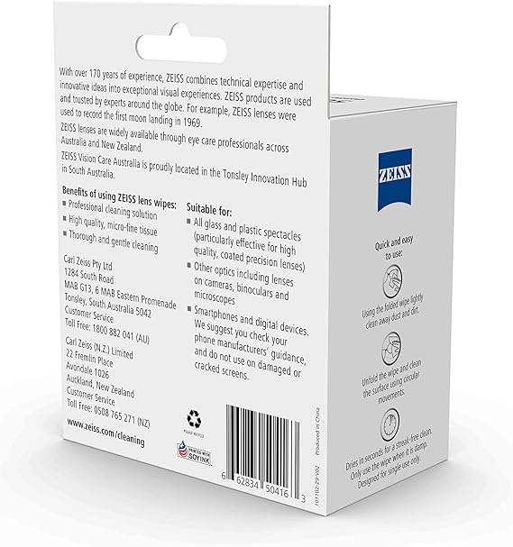 ZEISS Lens Wipes 50 Count Pack Cleaning Wipes for Glasses & Lenses