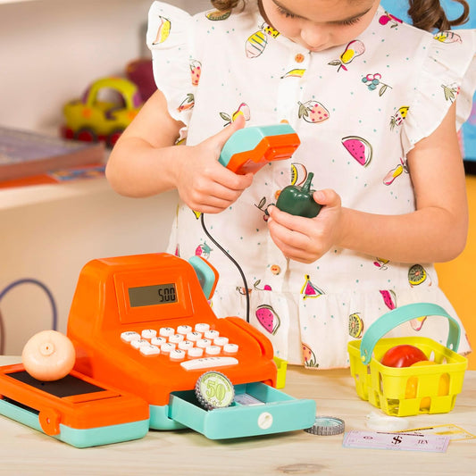 Battat Cash Register Playset: 26-Piece Toy with Calculator & Accessories for Kids 3+, Orange