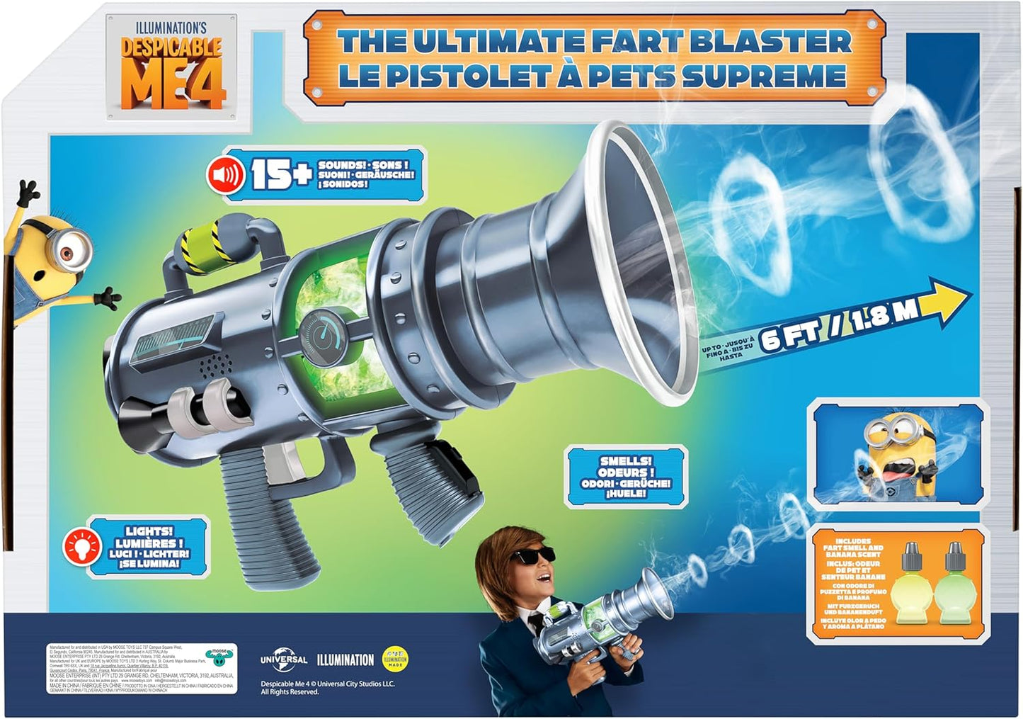 Despicable Me 4 Ultimate Fart Blaster, 15 Fart Sounds , Real Fart Rings of Fog , Lights & Smells ,2 Scented Fart Formulas