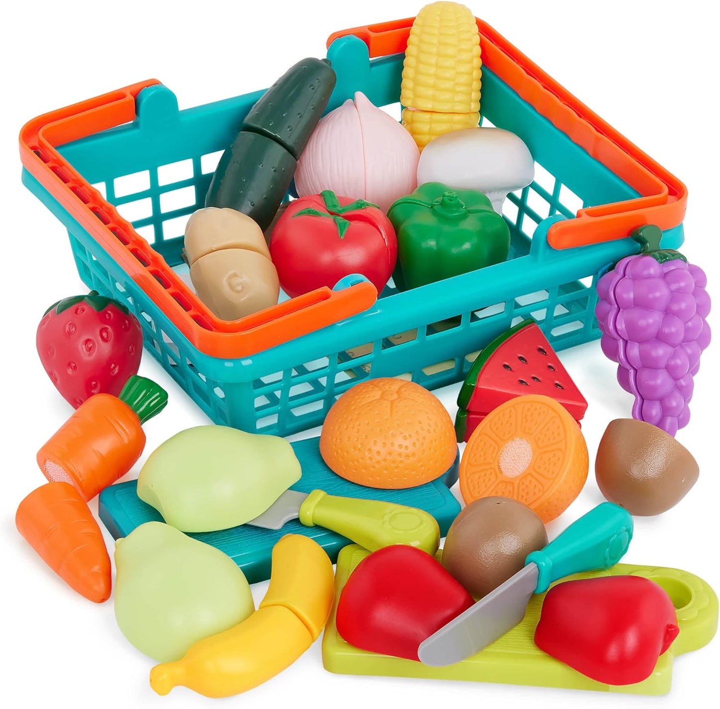 Battat Farmers Market Basket - 37-Pc Pretend Cutting Play Food Set for Toddlers 3+