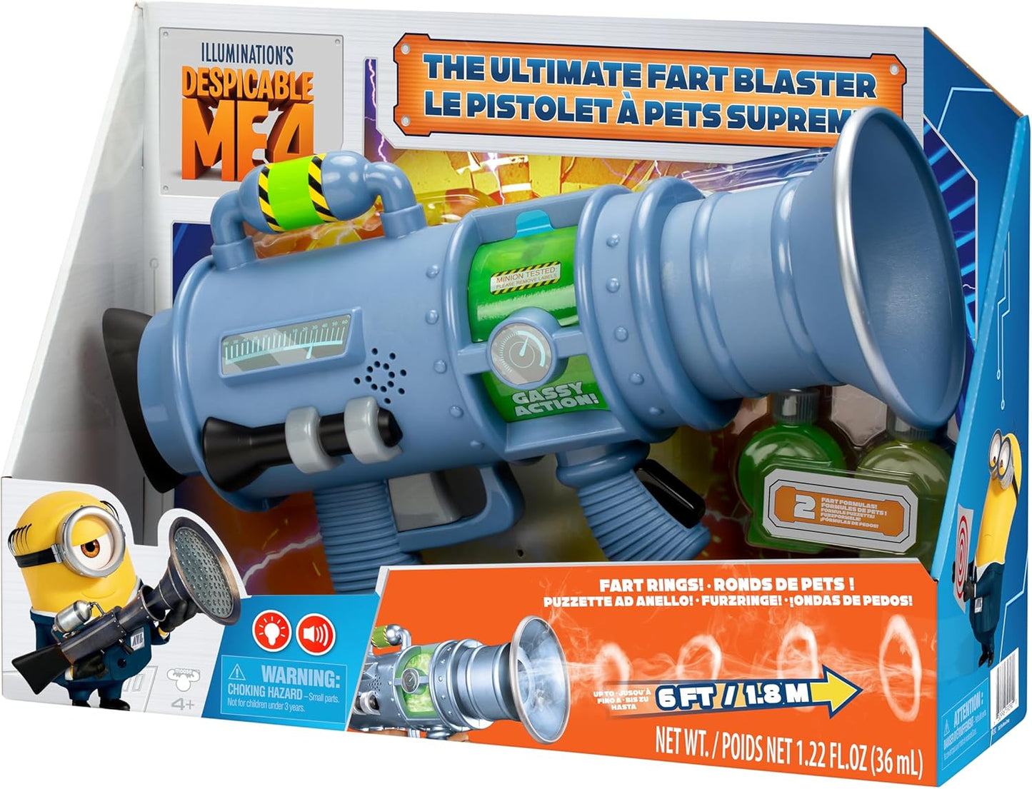 Despicable Me 4 Ultimate Fart Blaster, 15 Fart Sounds , Real Fart Rings of Fog , Lights & Smells ,2 Scented Fart Formulas