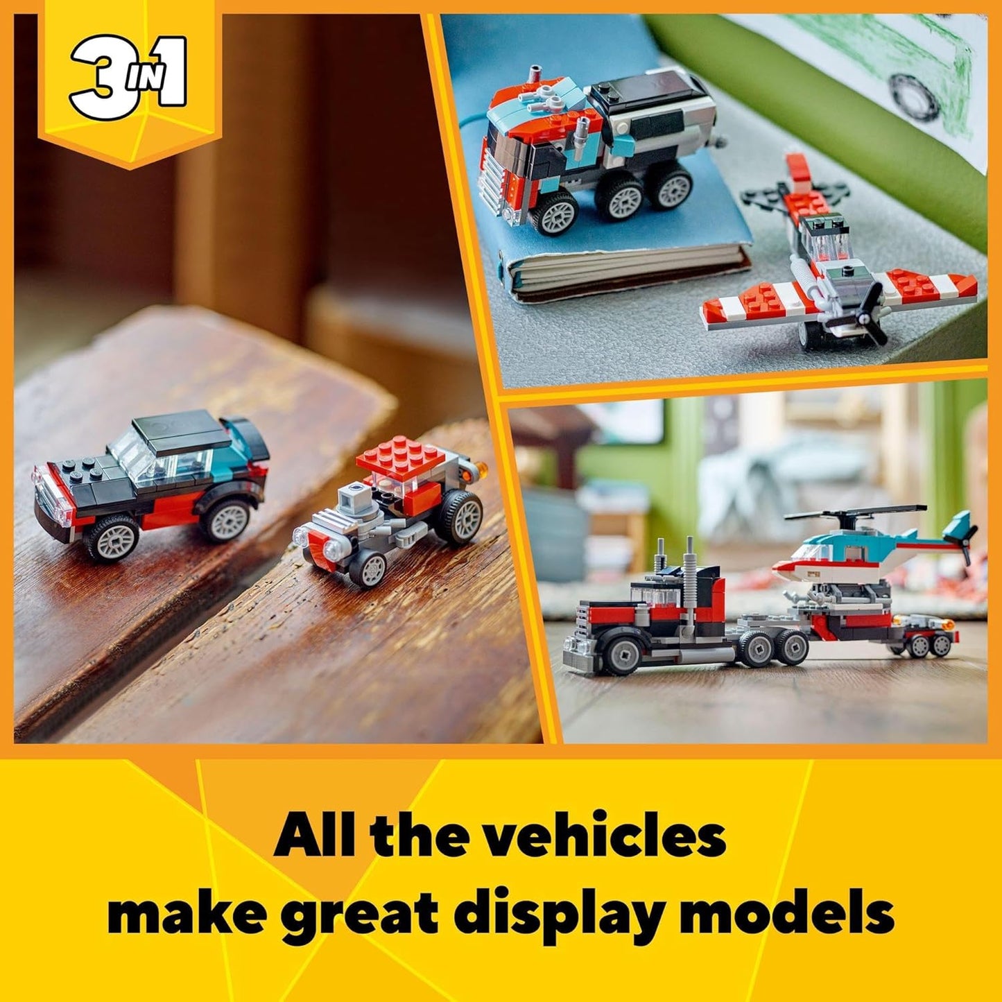 LEGO® Creator 31146 Flatbed Truck with Helicopter and Vehicles, for Kids 7+