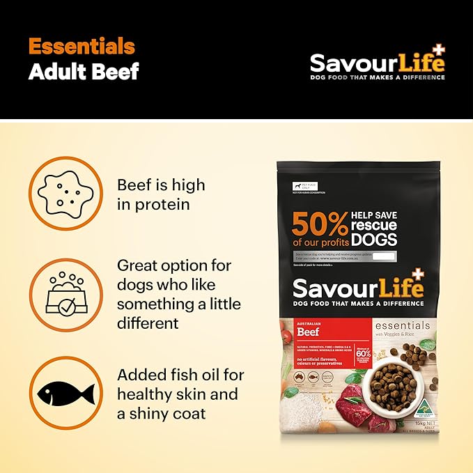 SavourLife Essentials 15kg Beef Dog Food for Adults Premium Nutrition for Healthy Dogs