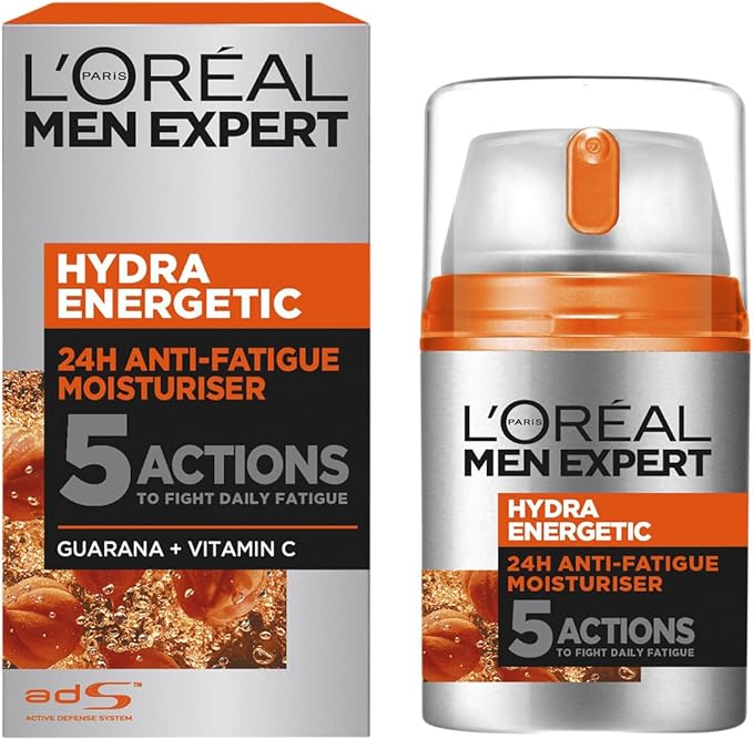 L'Oréal Paris Men’s Hydra Energetic Moisturizer 50ml  Refreshing Care for Dry Tired Skin with Guarana & Vitamin C