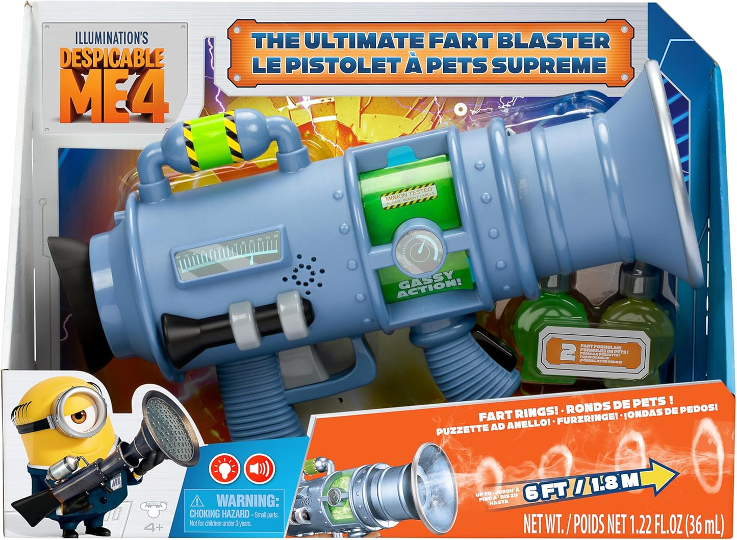 Despicable Me 4 Ultimate Fart Blaster, 15 Fart Sounds , Real Fart Rings of Fog , Lights & Smells ,2 Scented Fart Formulas