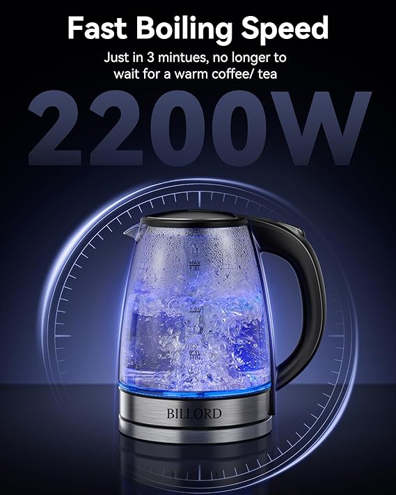 Billord Electric Kettle, 1.8L Glass Kettle for Coffee & Tea, 2200W Hot