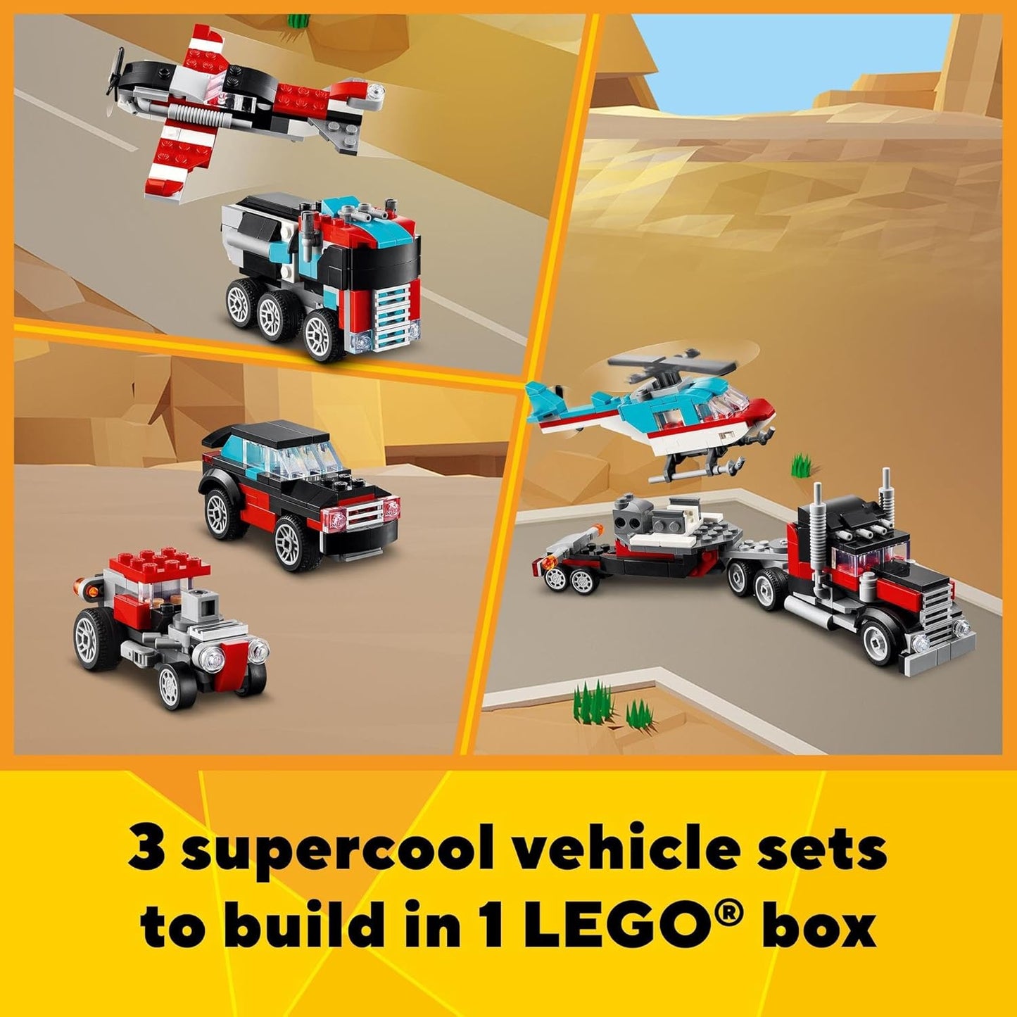 LEGO® Creator 31146 Flatbed Truck with Helicopter and Vehicles, for Kids 7+