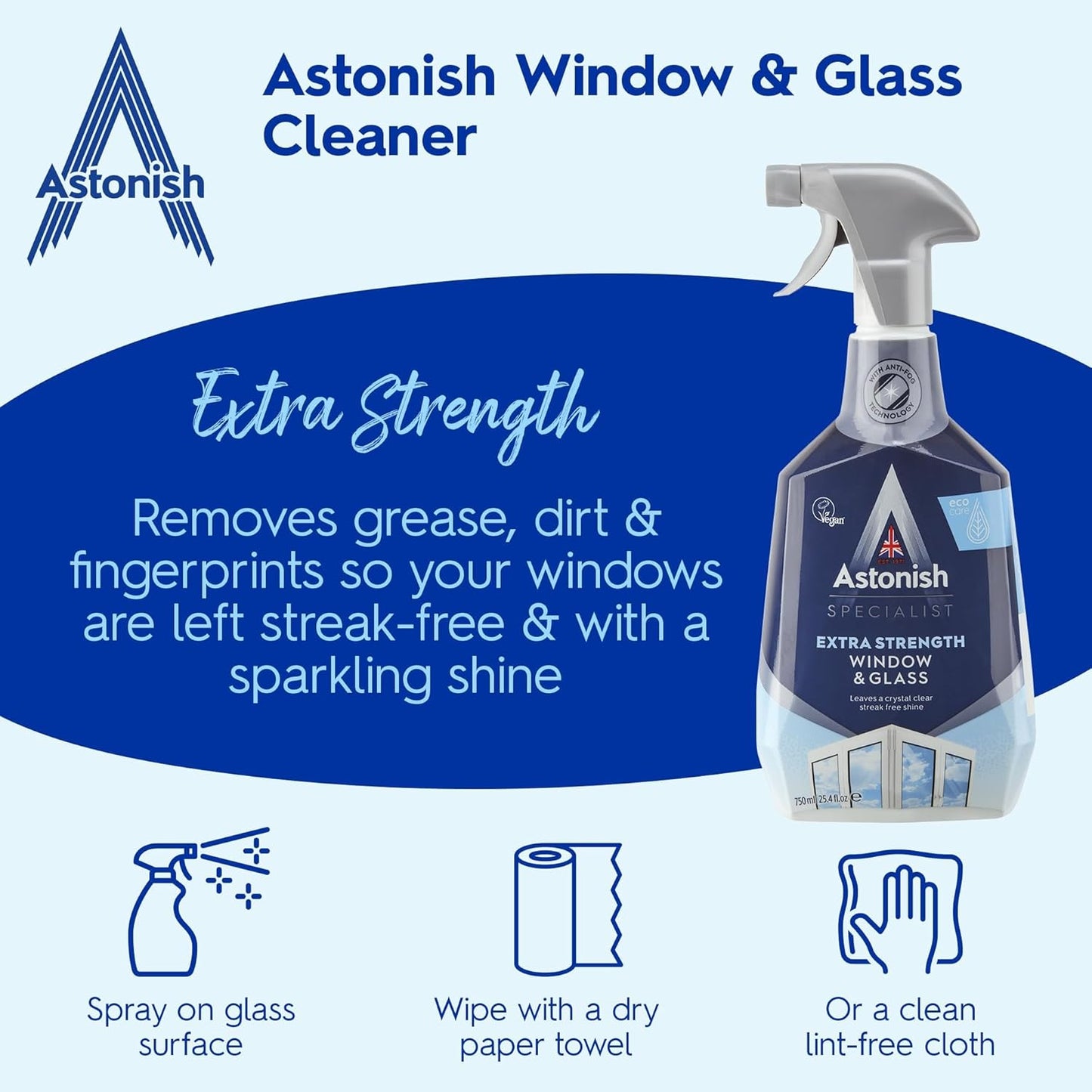 Astonish 750ml Window & Mirror Cleaner Powerful Streak-Free Formula