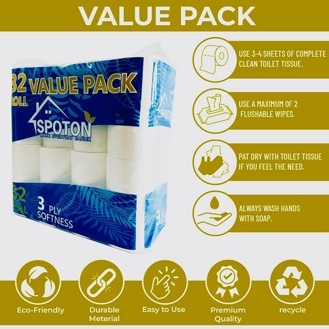 Spoton 3 Ply Toilet Tissue (240 Sheets Per Toilet Roll, 11x10cm) Pack of 32Toilet Rolls, Environment Friendly Toilet Paper