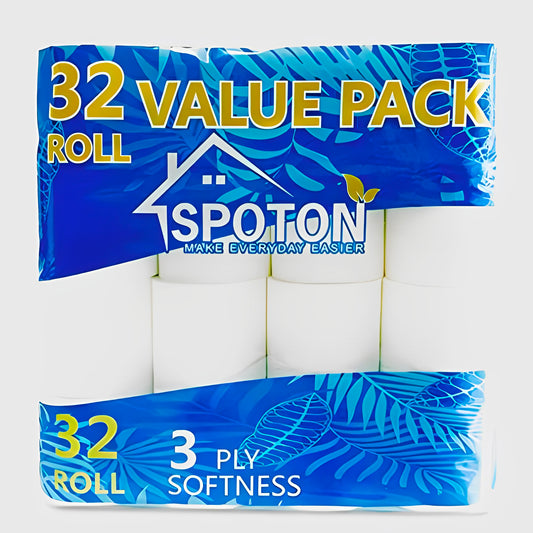 Spoton 3 Ply Toilet Tissue (240 Sheets Per Toilet Roll, 11x10cm) Pack of 32Toilet Rolls, Environment Friendly Toilet Paper