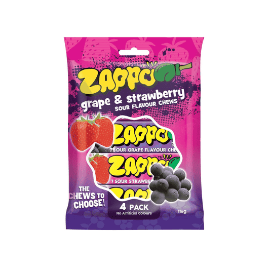 ZAPPO Sour Grape & Strawberry Chews 116g 4 Pack A Tangy Treat for Candy Lovers