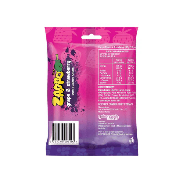 ZAPPO Sour Grape & Strawberry Chews 116g 4 Pack A Tangy Treat for Candy Lovers